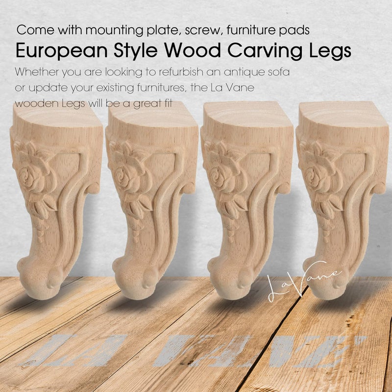 La Vane 4 inch / 10cm Wooden Furniture Legs  Set of 4 European Style Solid Wood Carving Furniture Replacement Feet Decoration for Sofa Cabinet Wardrobe Table Loveseat - Image 2